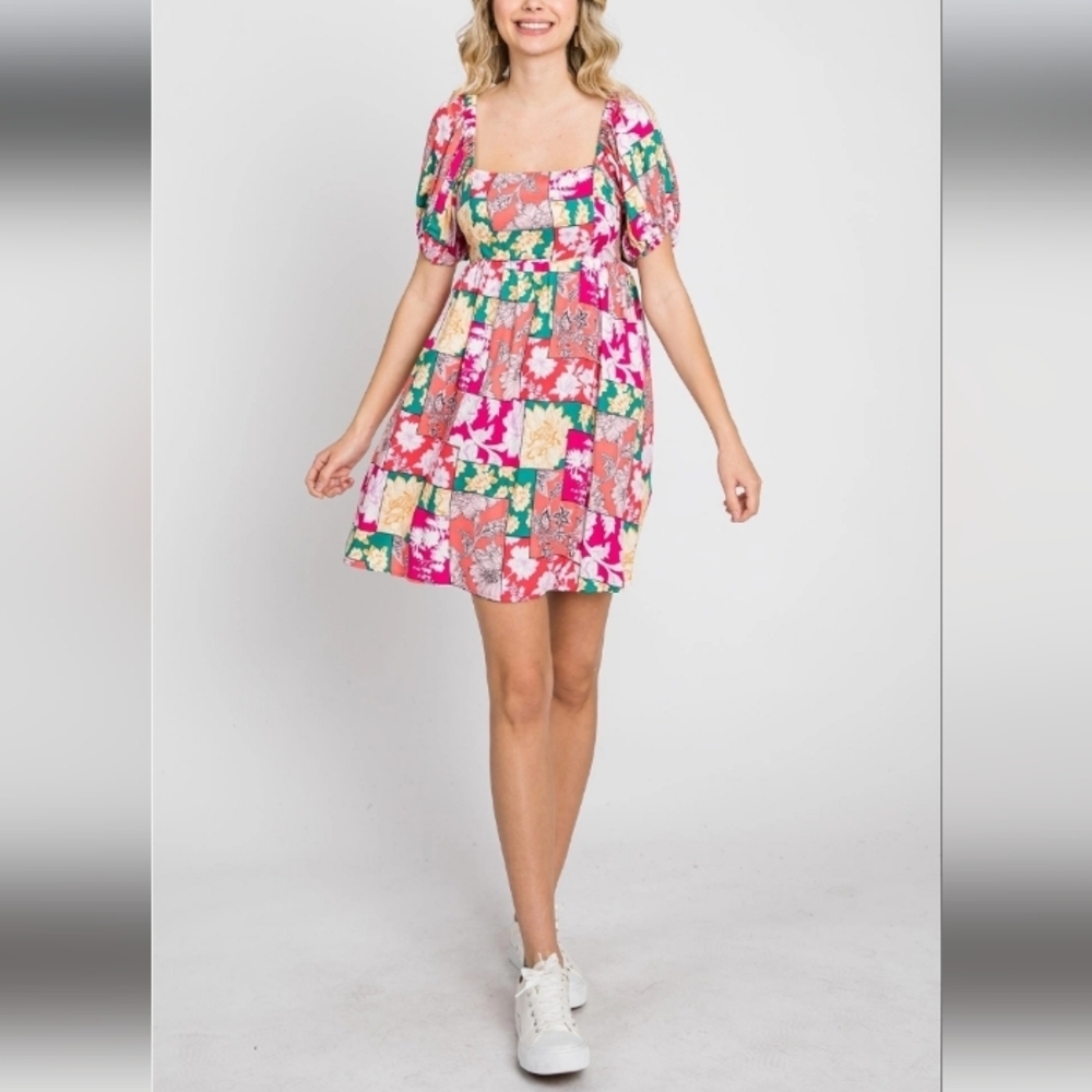 GeeGee Patchwork Floral Puff Sleeve Dress Size M - Picture 12 of 15